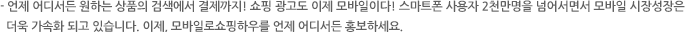 언제 어디서든 원하는 상품의 검색에서 결제까지! 쇼핑 광고도 이제 모바일이다! 스마트폰 사용자 2천만명을 넘어서면서 모바일 시장성장은 더욱 가속화 되고 있습니다. 이제, 모바일로쇼핑하우를 언제 어디서든 홍보하세요. 