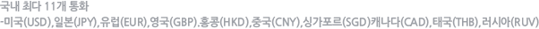 국내 최다 11개 통화<br />-미국(USD),일본(JPY),유럽(EUR),영국(GBP).홍콩(HKD),중국(CNY),싱가포르(SGD)캐나다(CAD),태국(THB),러시아(RUV)